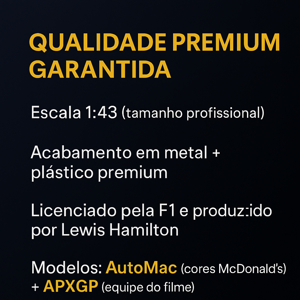 Qualidade Premium Garantida - Escala 1:43 profissional, acabamento em metal + plástico premium, licenciado pela F1